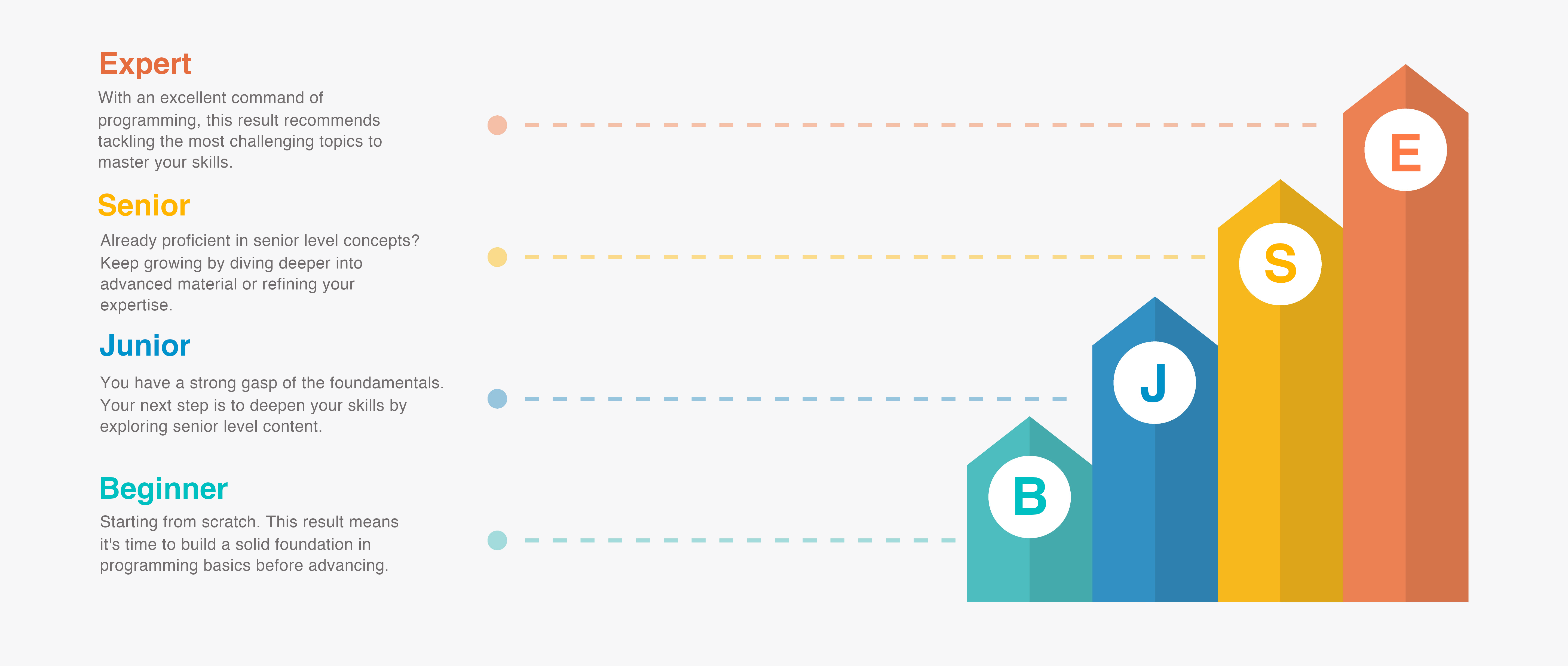 Infographic about the result of our level assessment test (beginner, junior, senior or expert).